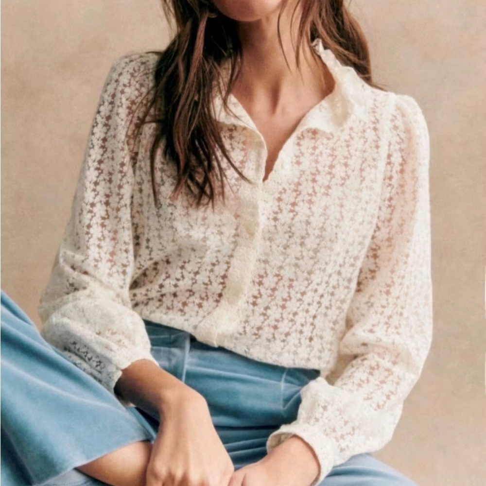 Sezane Cathy lace ecru embroidery flower Long Sleeve Blouse